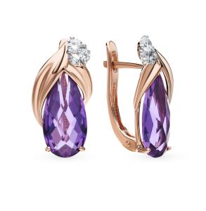 золотые серьги с аметистом и фианитами