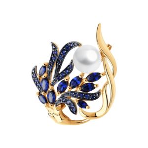 золотая брошь с корундом, фианитами и жемчугом SOKOLOV 794042*