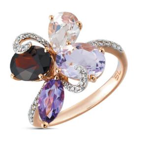 золотое кольцо с аметистом, кварцем, корундом, гранатом и бриллиантами