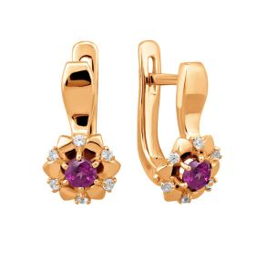 золотые серьги с родолитами и фианитами