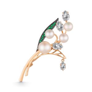 золотая брошь со шпинелью, фианитами и жемчугом