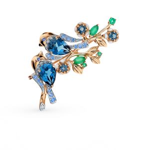 золотая брошь с фианитами, агатом и эмалью SOKOLOV 740217*