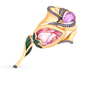 золотая брошь с аметистом, фианитами и финифтью SOKOLOV 784001*