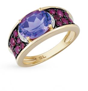 золотое кольцо с рубинами, аметистом и бриллиантами