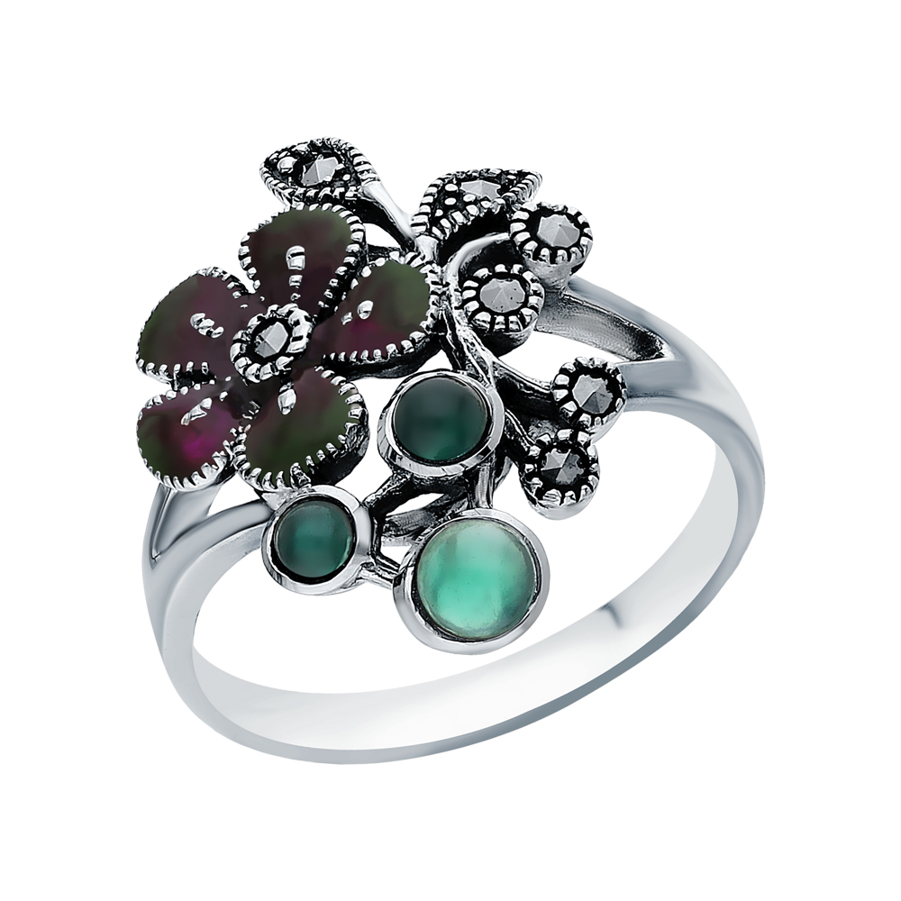 Фото «Серебряное кольцо с эмалью, хризопразами и марказитами swarovski»