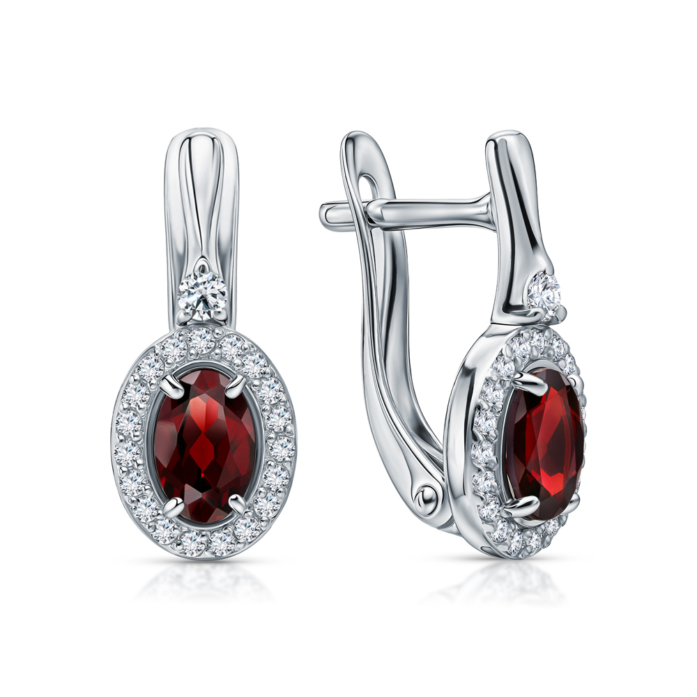 Серебряные серьги с фианитами и гранатами природными в Санкт-Петербурге