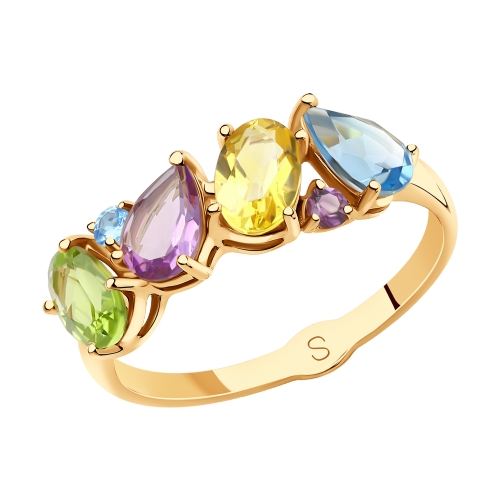 Фото «Золотое кольцо с цитринами, аметистом и хризолитом SOKOLOV 715897»
