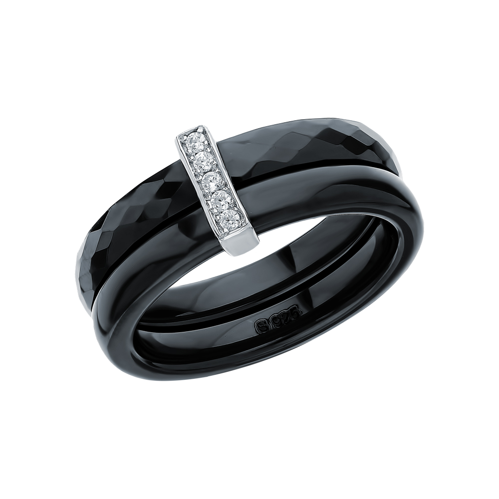 Фото «Керамическое кольцо с фианитами и серебряной вставкой»