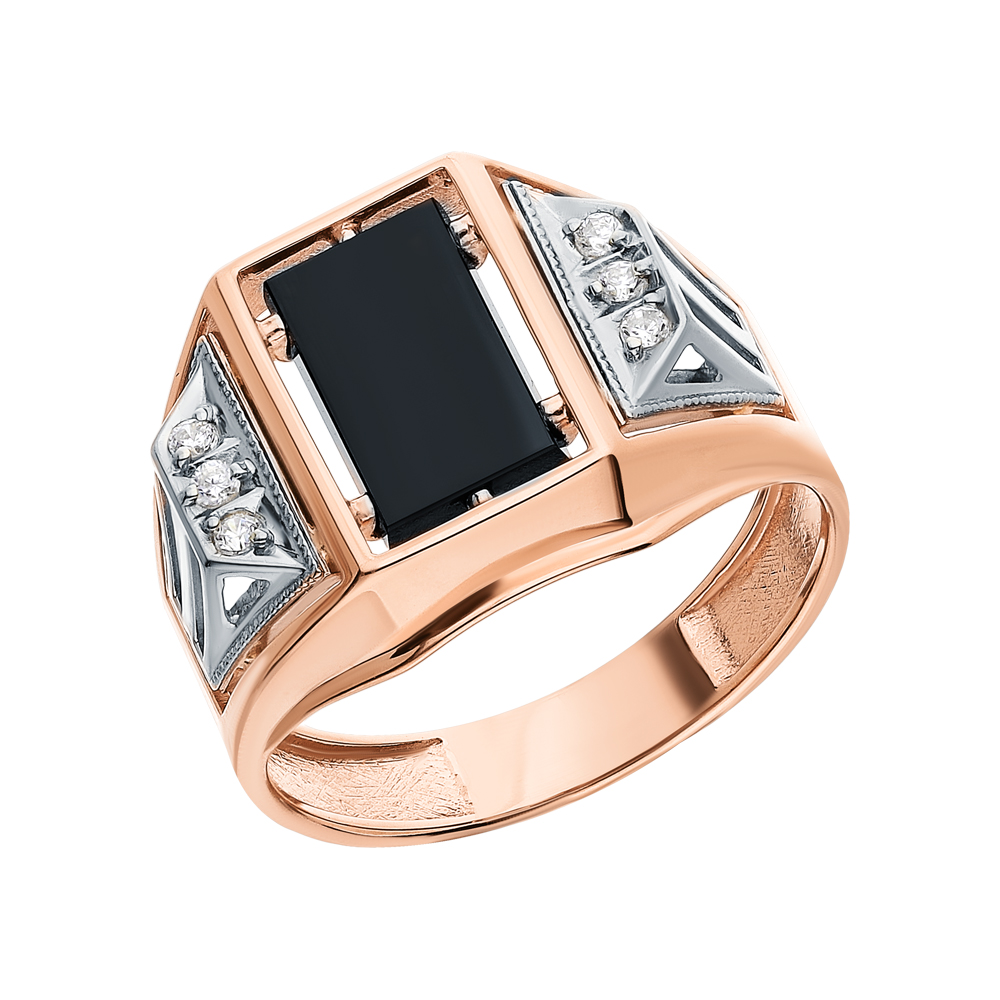 Фото «Золотое кольцо с кубическим цирконием и ониксом»