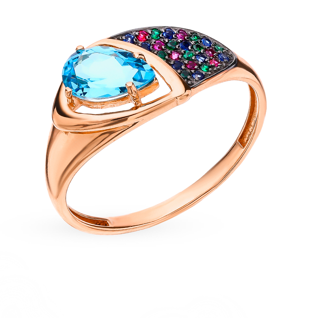 Фото «Золотое кольцо с фианитами, топазами, со шпинелью и рубинами»