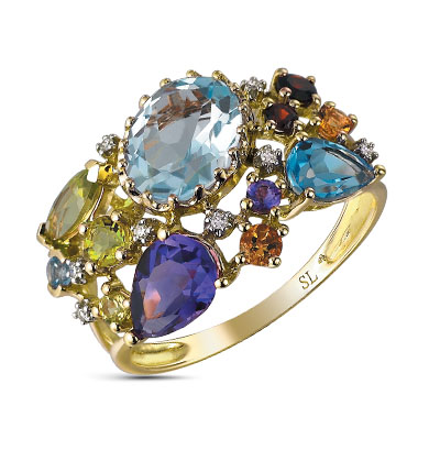 Золотое кольцо с цитринами, гранатом, топазами, аметистом, хризолитом и бриллиантами в Ростовe-на-Дону