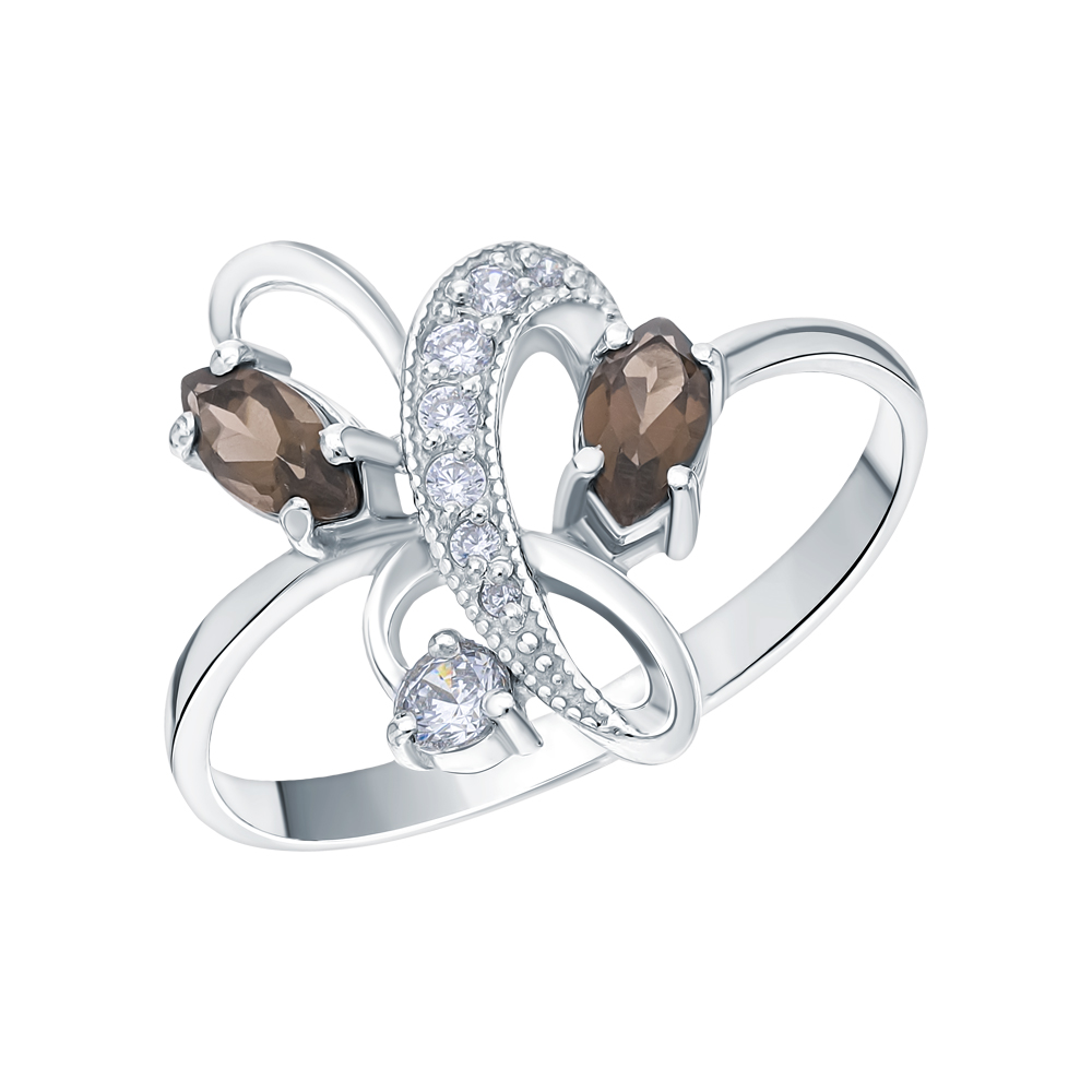 Серебряное кольцо с кубическим цирконием и кварцами дымчатыми в Краснодаре