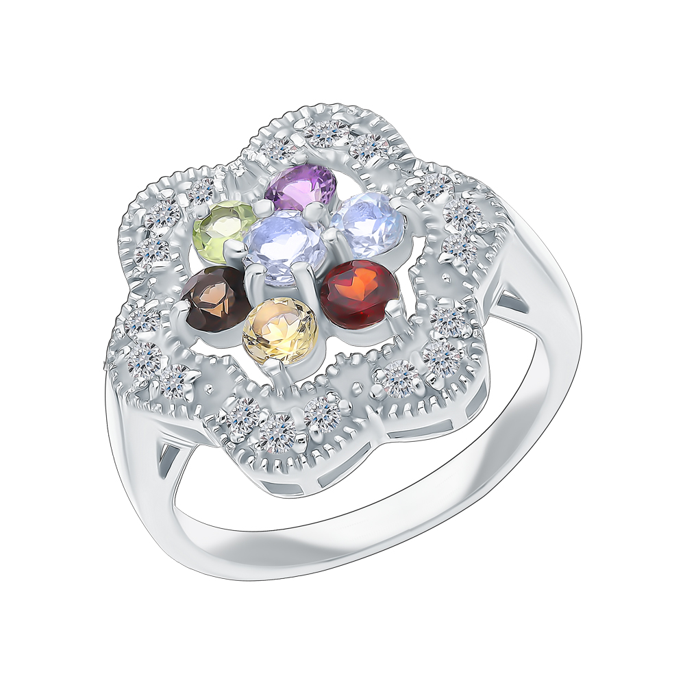 Серебряное кольцо с цитринами, гранатом, фианитами, топазами, аметистом, хризолитом и кварцами дымчатыми в Самаре