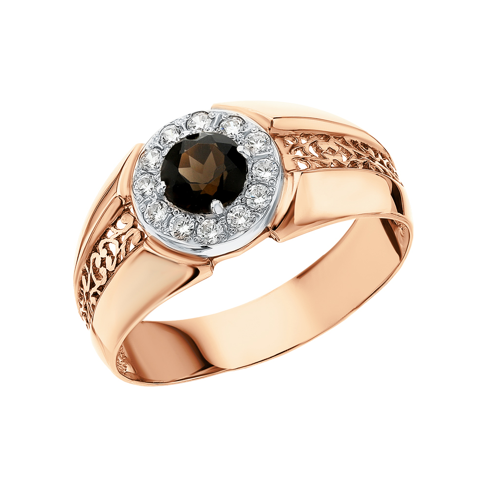 Фото «Золотое кольцо с фианитами и кварцем дымчатым»