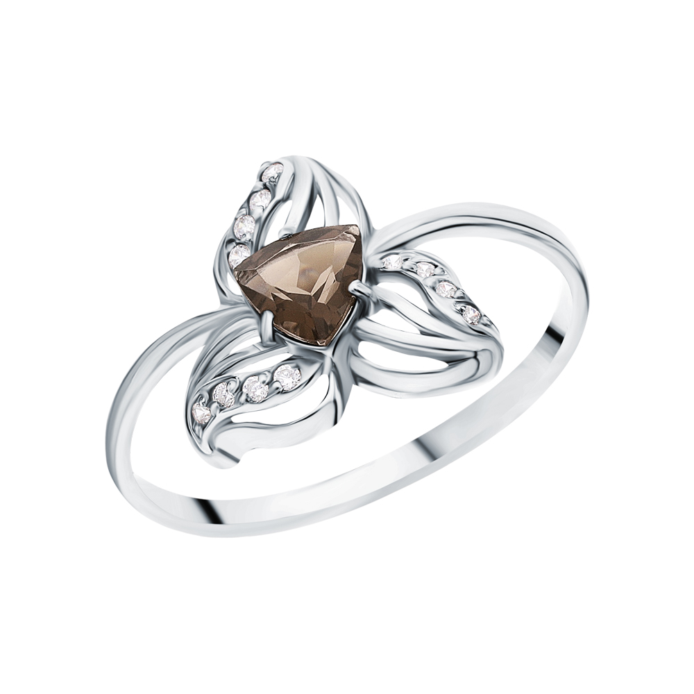 Фото «Серебряное кольцо с кубическим цирконием и кварцами дымчатыми»