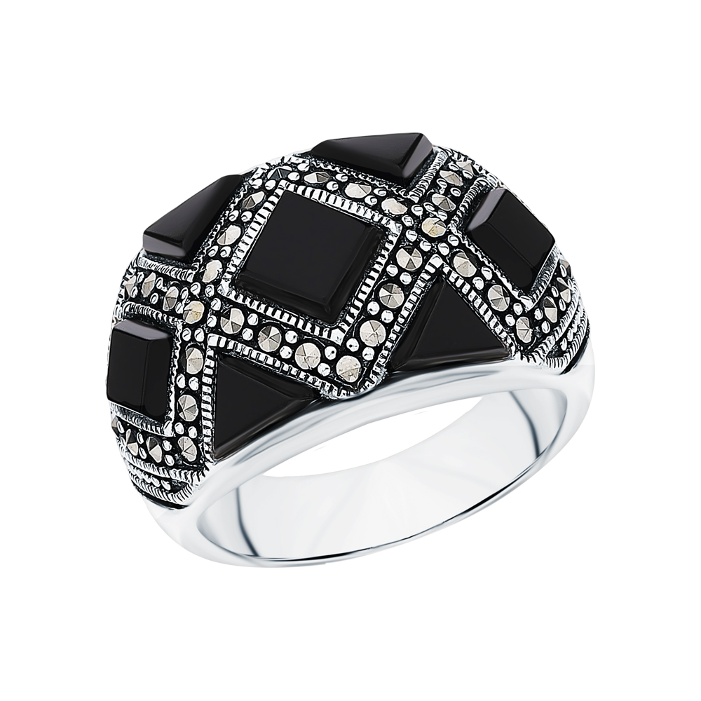 Серебряное кольцо с ониксом и марказитами swarovski в Краснодаре