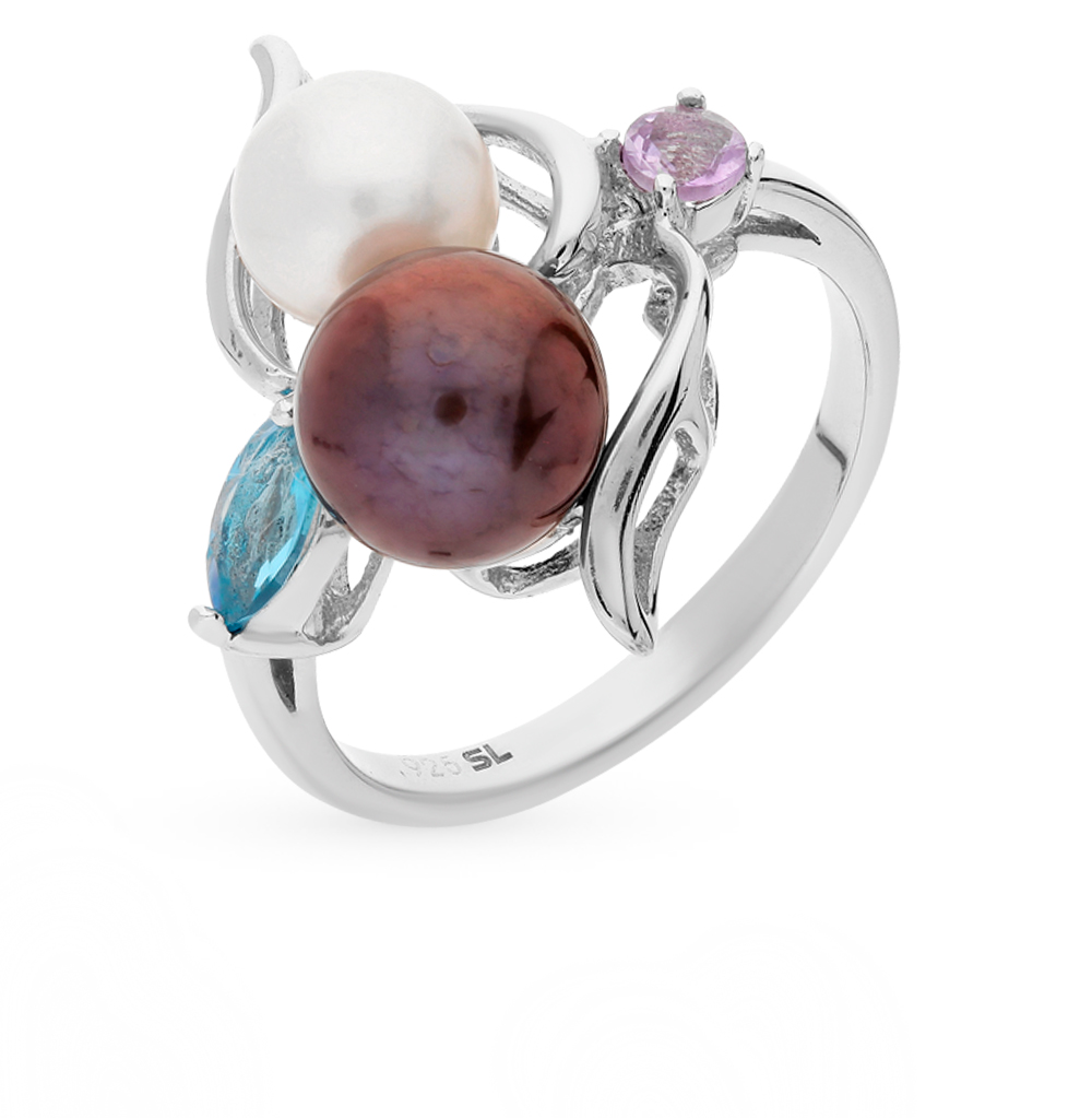 Фото «Серебряное кольцо с жемчугом, топазами и аметистом»