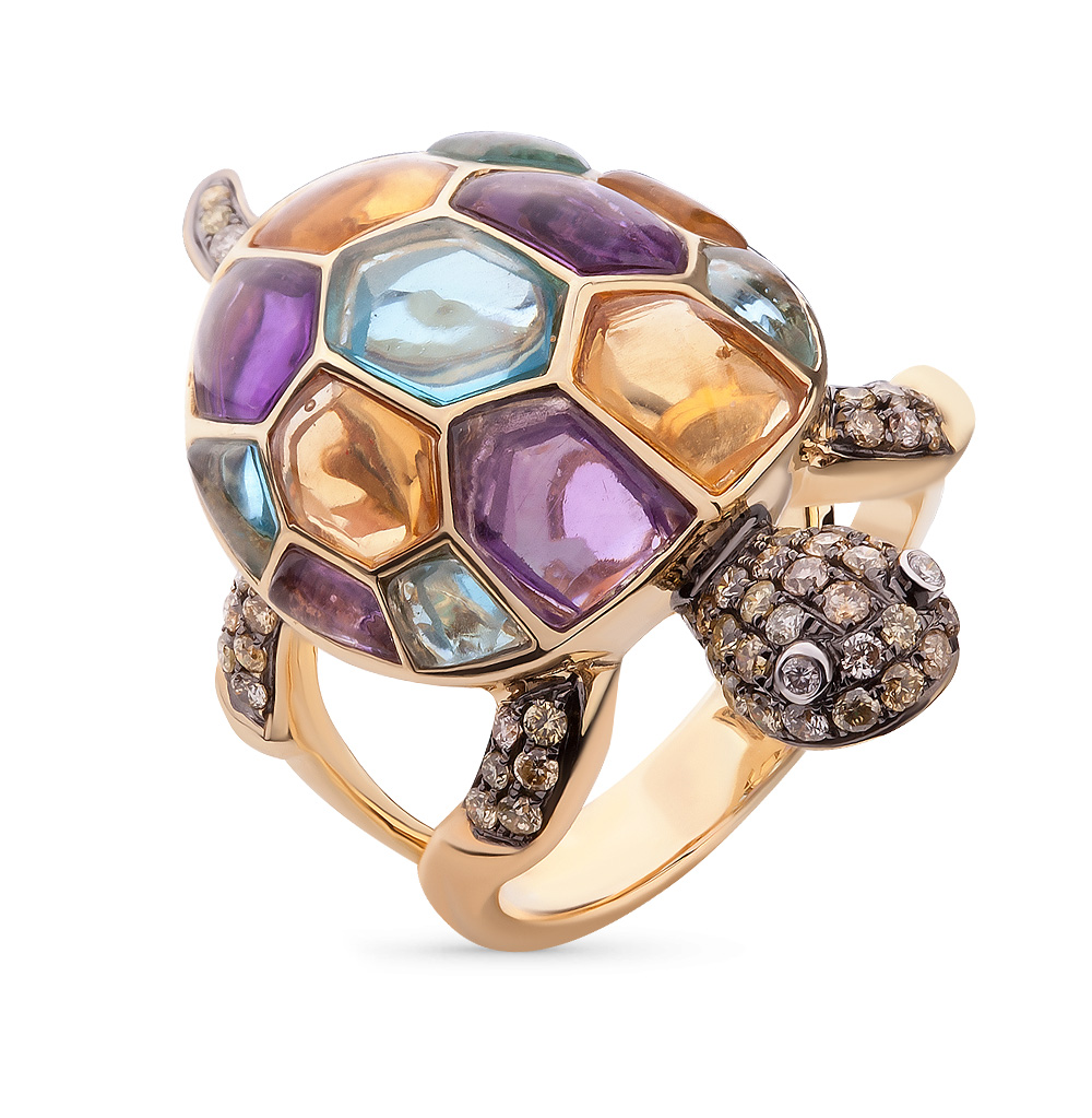 Фото «Золотое кольцо с цитринами, топазами, аметистом и бриллиантами»