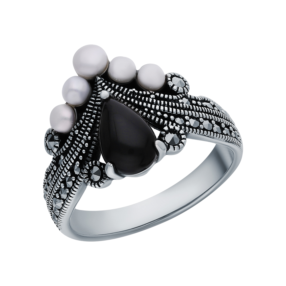 Фото «Серебряное кольцо с жемчугом, ониксом и марказитами swarovski»