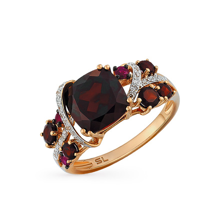 Золотое кольцо с гранатом, рубинами и бриллиантами в Санкт-Петербурге