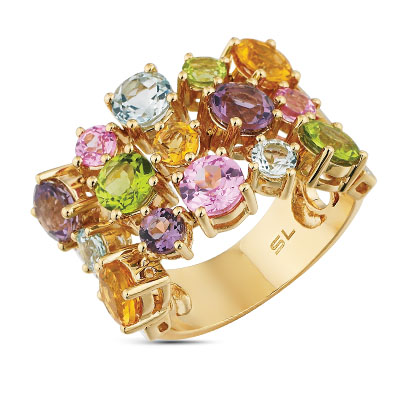Фото «Золотое кольцо с цитринами, топазами, аметистом, сапфирами и бриллиантами»
