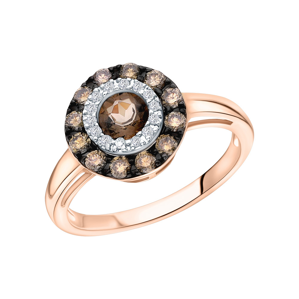 Золотое кольцо с коньячными бриллиантами, раухтопазами (кварцами дымчатыми) в Екатеринбурге