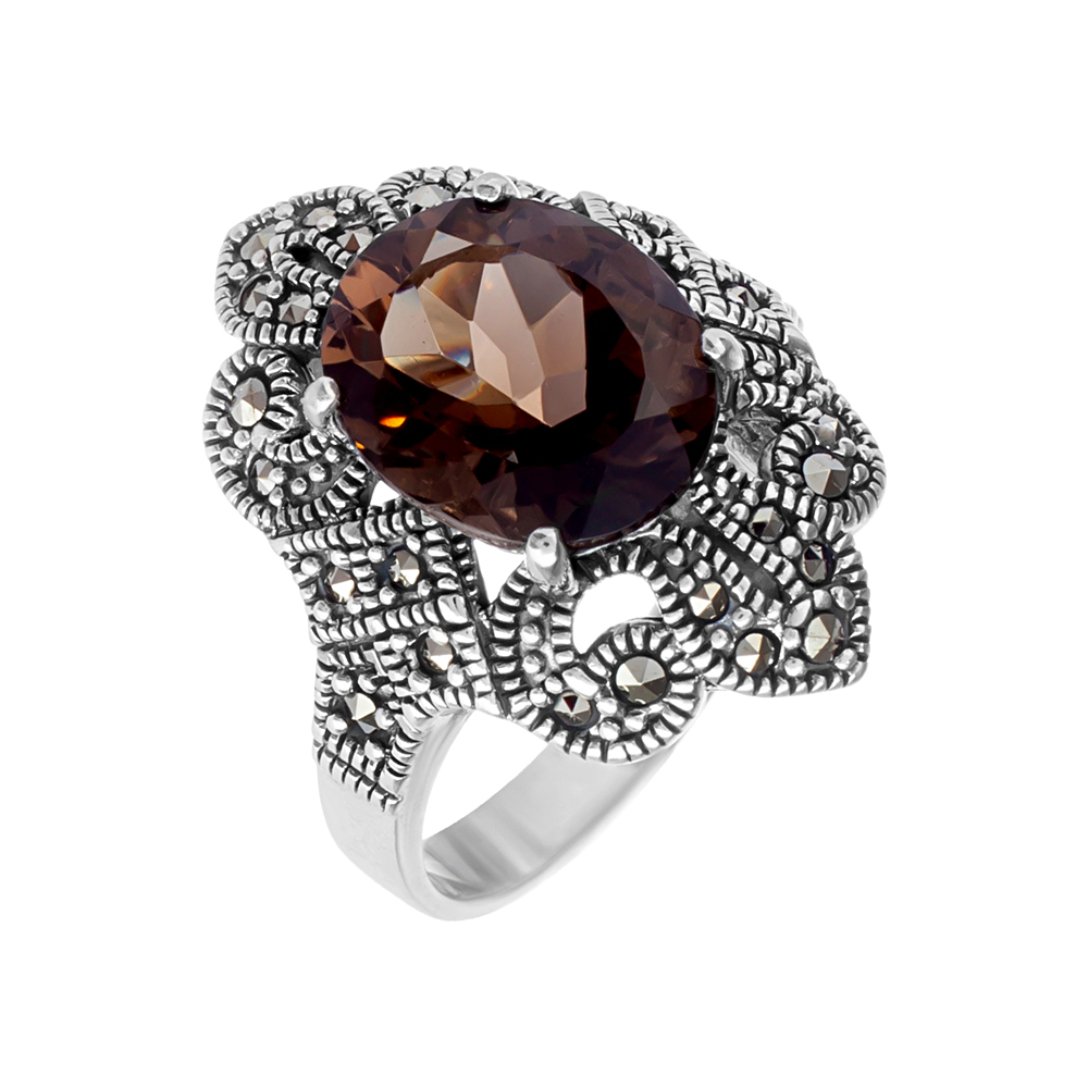 Фото «Серебряное кольцо с кварцами дымчатыми и марказитами swarovski»