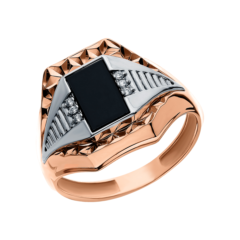 Фото «Золотое кольцо с кубическим цирконием и ониксом»