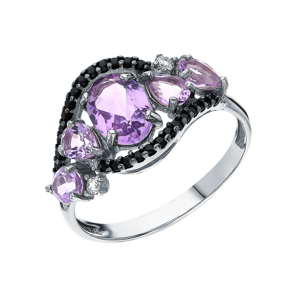 Серебряное кольцо с фианитами, аметистом и ювелирными кристаллами в Самаре