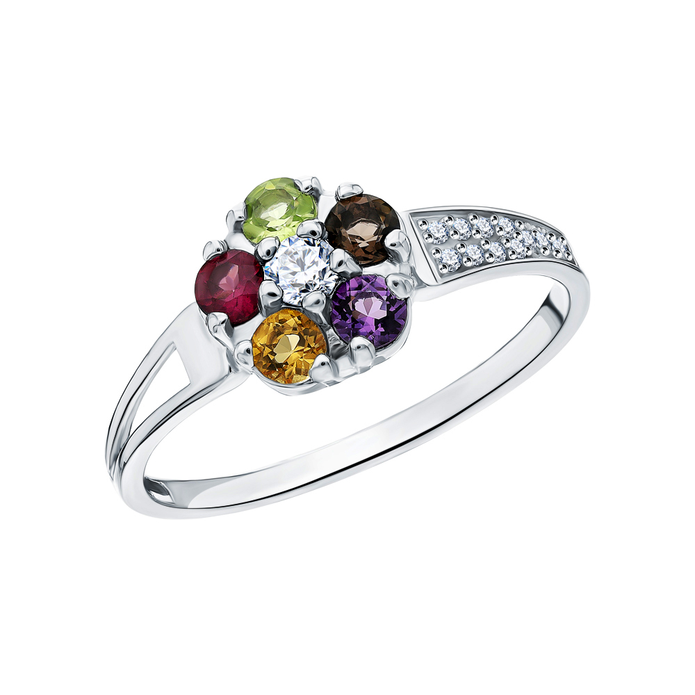 Фото «Серебряное кольцо с цитринами, фианитами, аметистом, хризолитом, родолитами и кварцем дымчатым»