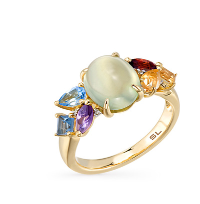Фото «Золотое кольцо с цитринами, пренитами, гранатом, топазами, аметистом и бриллиантами»
