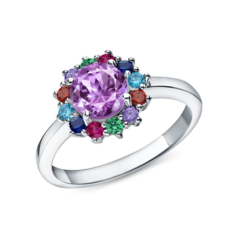 Серебряное кольцо с фианитами и аметистом